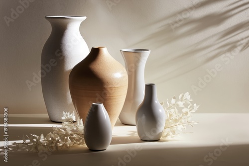 Ceramic Vases on a Table With Dried Leaves in Bright Light During the Afternoon