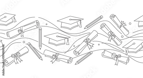 Graduation icons with diplomas caps and pencils scattered in a wavy pattern on a white background symbolizing education and learning