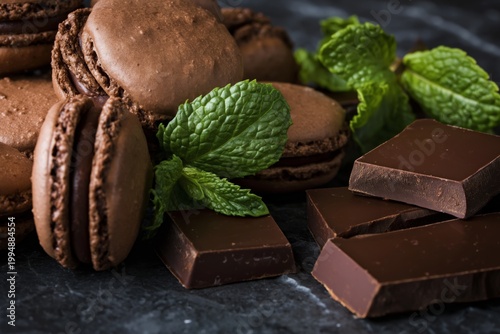 Chocolate Macarons With Mint Leaves and Dark Chocolate Pieces on a Dark Surface