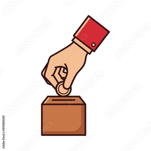 A cartoon hand putting a coin into a brown donation box with a red sleeve