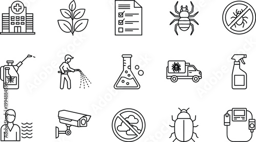 Pest Control and Health Safety Icon Set Featuring Pesticides, Insects, Medical Care, and Environmental Protection for Hygiene and Safety