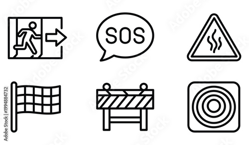 Set of emergency and safety line icons including evacuation exit sos danger warning finish line barrier and target symbol