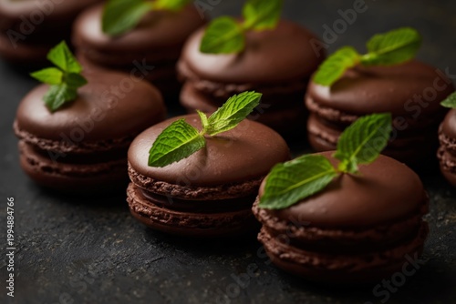 Chocolate Macarons Arranged With Fresh Mint Leaves on a Dark Surface in a Bri...