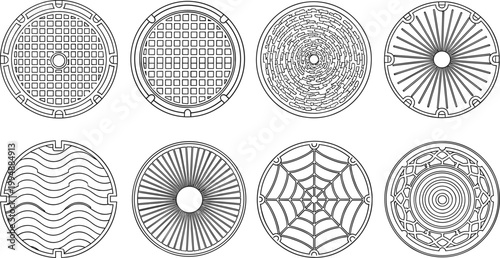 Geometric Manhole Cover Vector Set Featuring Unique and Intricate Patterns for Urban Design, Architecture, and Infrastructure Illustrations