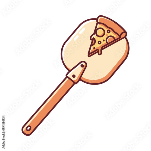Cartoon pizza peel with slice of cheese pizza on white background