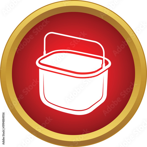 White bucket with a handle vector icon on a glossy red button