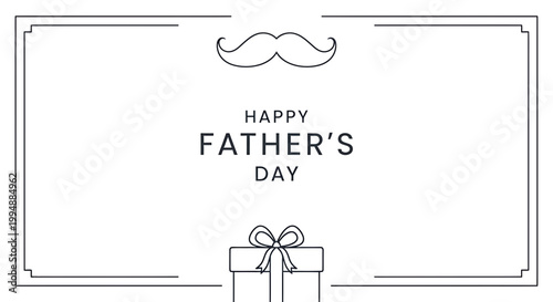 Minimalist happy father's day greeting card design featuring elegant black outline mustache illustration and gift box graphic on white background for celebratory social media post or print media