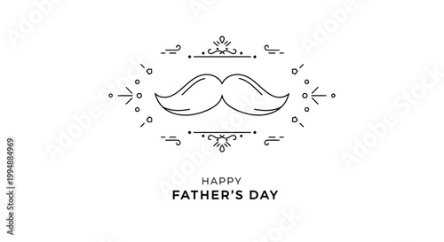Happy father's day greeting card design featuring a minimalist black line art mustache emblem surrounded by elegant vintage decorative flourishes on a clean white background for holiday celebration