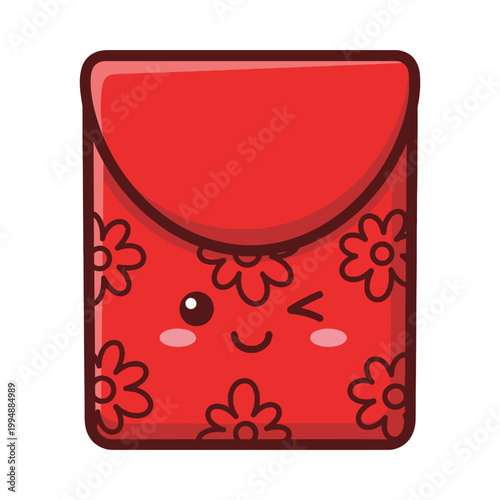 Cute cartoon red pouch with smiling face and floral pattern on white background