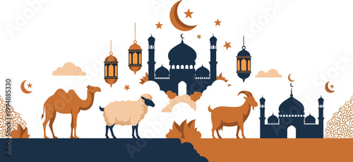 Professional Eid al Adha Mubarak Landscape Banner with Sacrificial Camel Sheep Goat Traditional Mosque Silhouettes and Hanging Lanterns