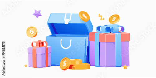 Open treasure chest with gifts coins and celebratory decorations
