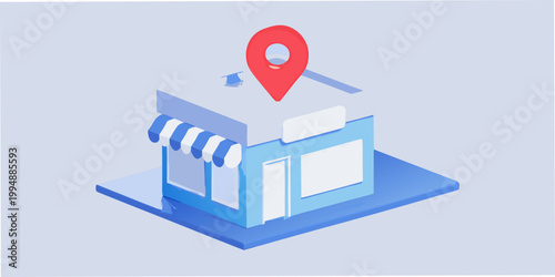 Isometric illustration of a building with a location pin above it