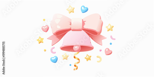 A pink bell adorned with a bow and surrounded by celebratory icons