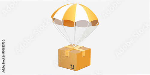 A yellow package is being delivered by a striped parachute