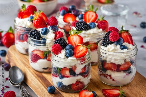 Fresh Berries and Cream Dessert Served in Jars on a Wooden Board at a Summer ...