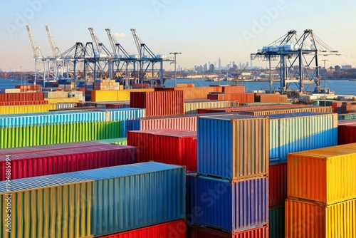 Shipping Containers Stacked at Port With Cranes and City Skyline in Backgroun...