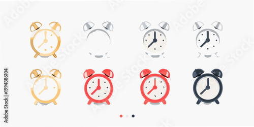 A collection of colorful alarm clocks displayed in a grid pattern