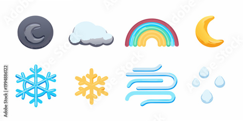 Colorful cartoon icons representing various weather conditions and celestial bodies