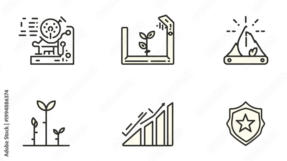 Fototapeta premium Sustainable Growth Icons: A set of six vector icons depicts the essence of sustainable growth, showcasing elements of environmental preservation, economic prosperity, and societal well-being.
