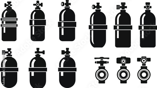 Black and white illustration of various scuba diving tanks and valves