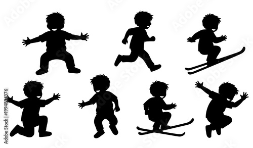 Happy boy silhouette set playing running jumping and skipping isolated on white background