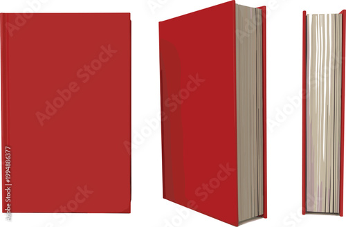 Red hardcover book mockup set, closed open and side view blank cover design isolated