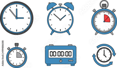 Clock, Alarm, and Timer Icons Vector Set with Stopwatch, Digital Clock, and Analog Timepiece Designs