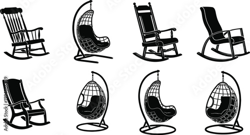 Collection of sketch style rocking chairs and hanging egg chairs