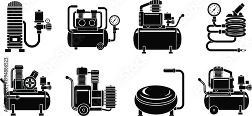 Black and white air compressor icons set industrial equipment illustration