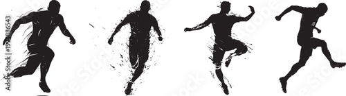 Soccer player silhouette running jumping kicking action set with dynamic ink splash effect isolated on white background, football athlete motion poses energy and sport