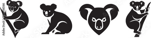 Koala silhouette set sitting climbing tree and face icon in black isolated on white background, cute australian animal vector collection with simple shapes and wildlife 