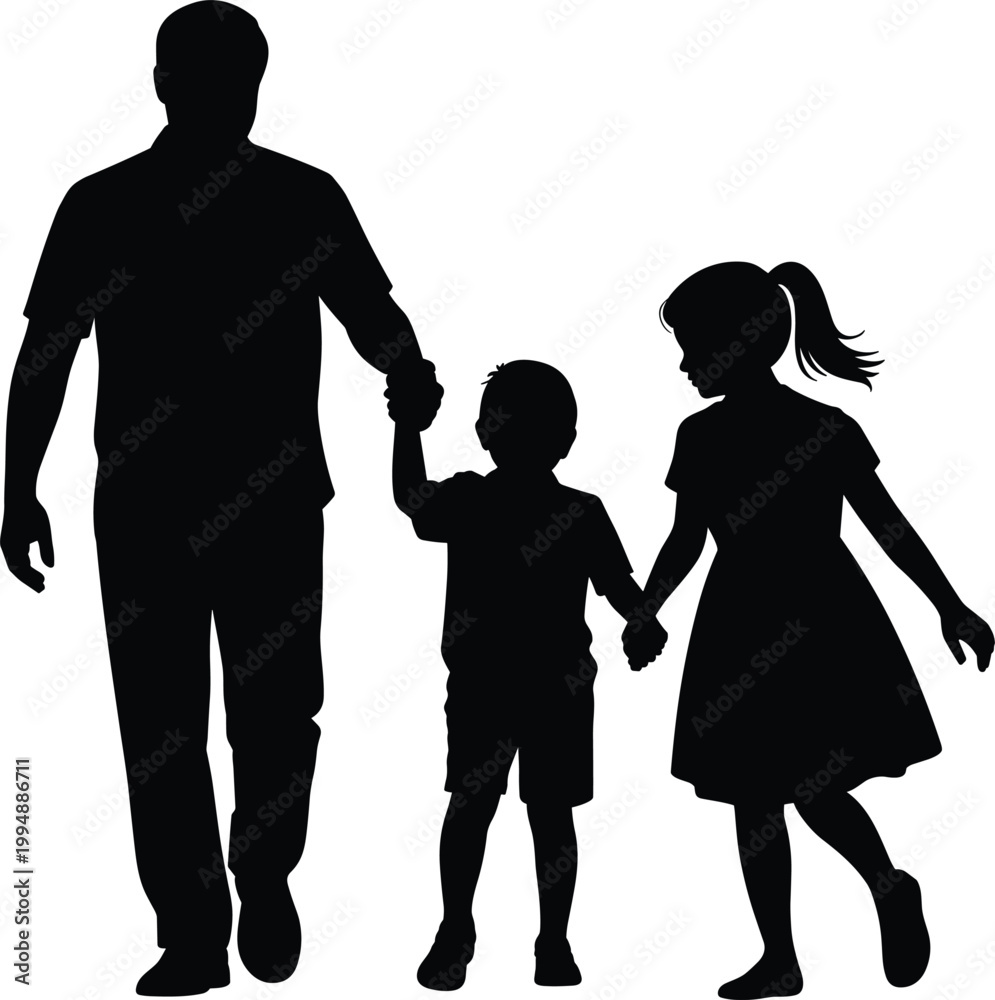 Fototapeta premium Father walking and holding hands with son and daughter silhouette, family togetherness vector illustration