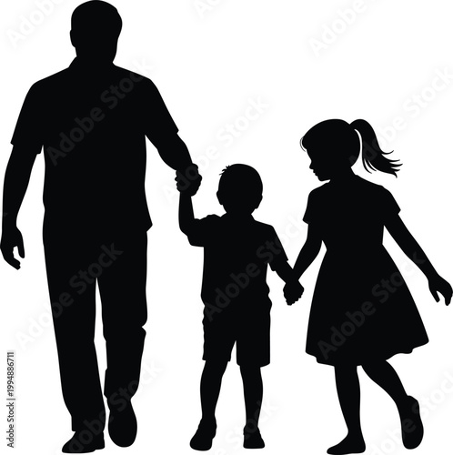 Tableau sur toile Father walking and holding hands with son and daughter silhouette, family togeth