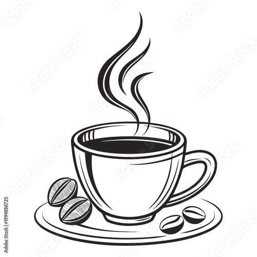 Tableau sur toile Black and white coffee cup icon with steam and coffee beans caffeine beverage