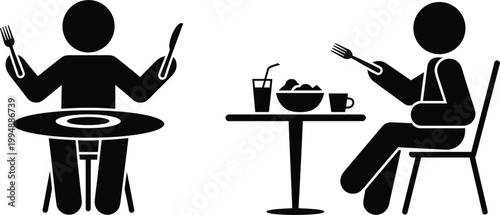 Stick figure dining situation, injured person eating with arm sling versus normal meal concept illustration