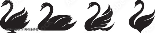 Swan silhouette vector set with elegant bird poses and flowing wings isolated in black, graceful aquatic animal shapes showing calm and beauty of nature, minimal design for wildlife and romance 