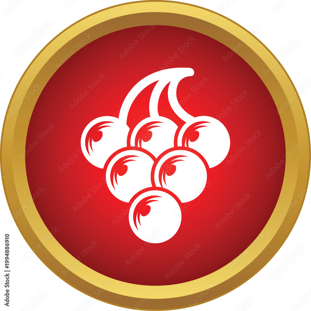 Naklejka premium Grapes icon appearing on a vibrant red circular button bordered with gold