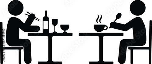 Stick figure dining comparison, person eating unhealthy food with alcohol versus healthy meal lifestyle concept