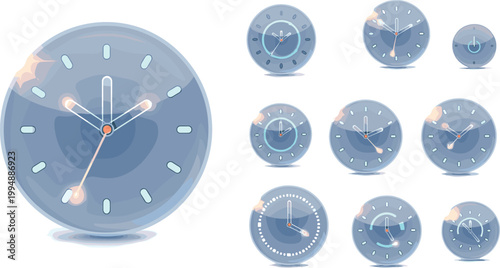 Clock Icons Vector Set with Analog Timepieces, Hour and Minute Hands, and Modern Design Elements