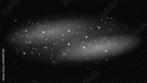 Glowing Elliptical Nebula with Scattered Stars and Sparkling Dust Particles on Dark Transparent Background. Vector Space Design Element.