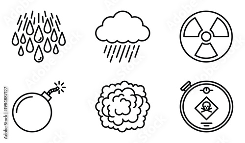 Hazardous materials and weather disaster line icon set showing rain storm radiation bomb explosion and toxic waste with hazardous