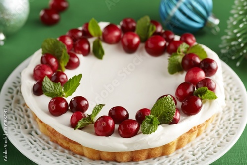 Delicious Tart With Cream, Cranberries, and Mint on a Green Table During the ...
