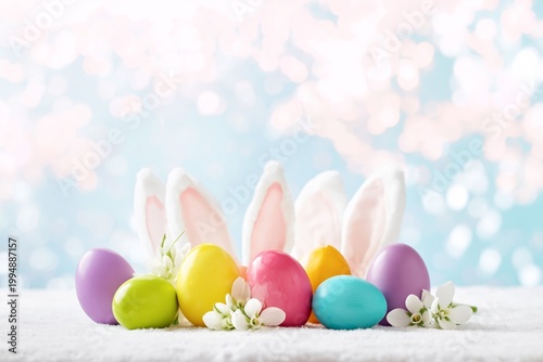 Colorful Easter Eggs and Bunny Ears Decorate a Spring Table With Flowers and ...