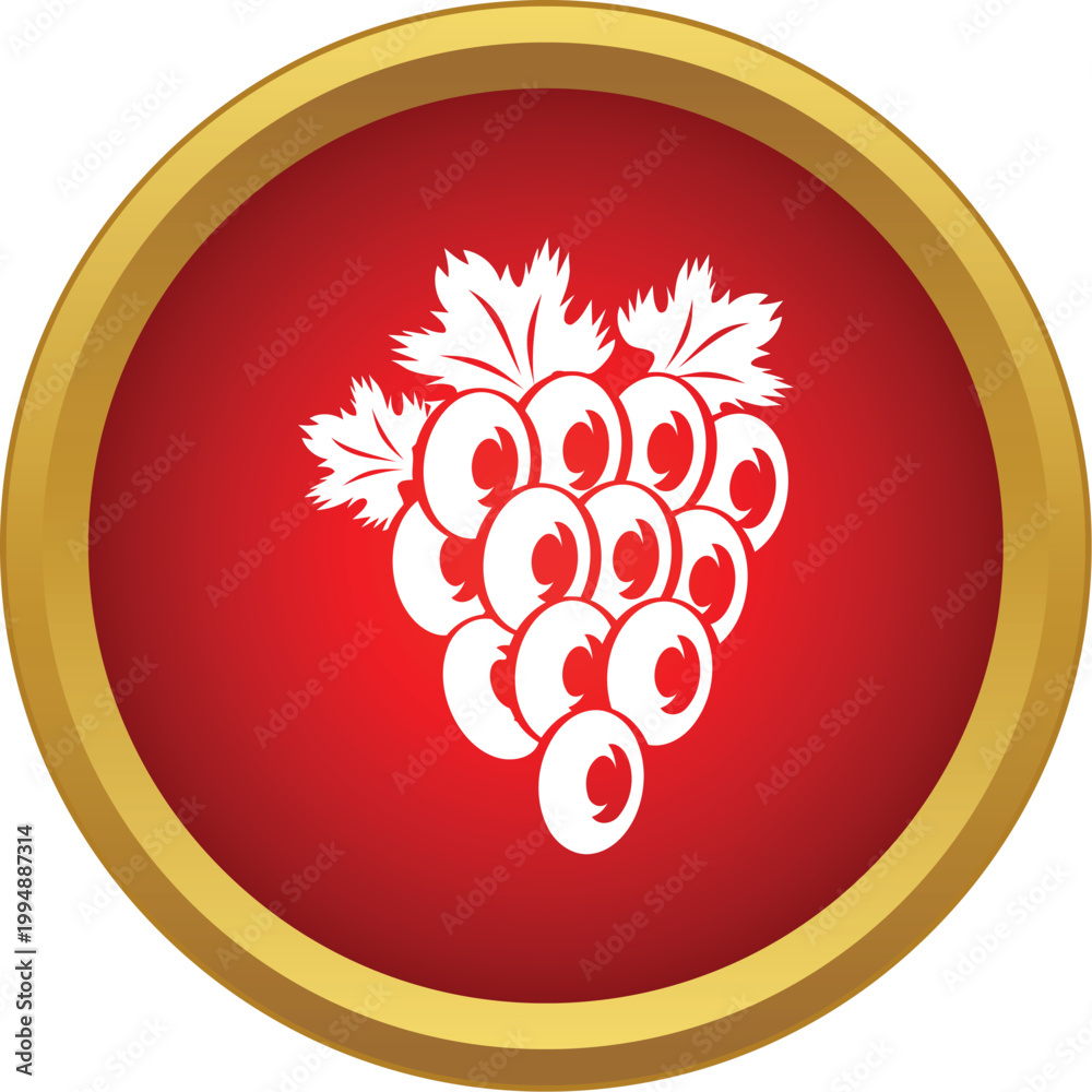 Fototapeta premium Grapes cluster with leaves in a red circle with golden border
