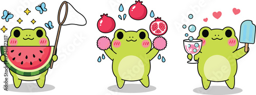 Cute Cartoon Frog Character Set with Watermelon, Pomegranate, and Popsicle Themes for Summer, Kids, and Adorable Animal Sticker Designs