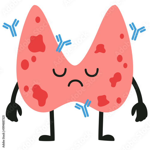 Cute Thyroid Hashimoto Illustration for Autoimmune Disease, Chronic Inflammation Concept, Medical Education, Vector Isolated