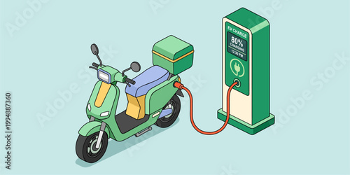 Electric scooter charging at a public power station in isometric flat vector style for green delivery infrastructure