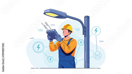 Electrical worker in a hard hat and protective gear repairing a smart street light connected to a digital power grid.