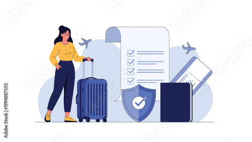 Female traveler standing with her suitcase next to a passport and insurance document to prepare for a safe international flight.