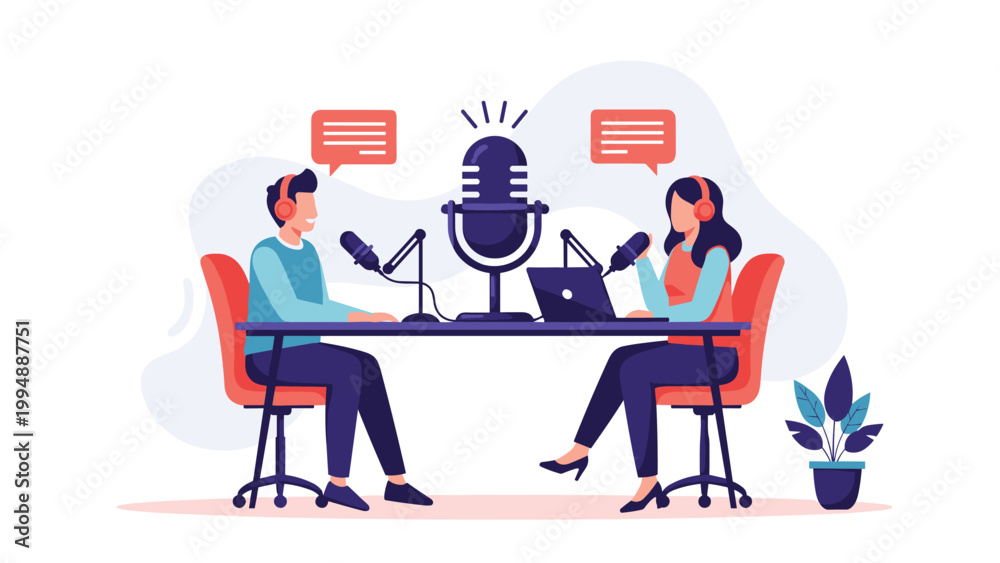 Fototapeta premium Professional podcast hosts recording new episode with studio microphones and laptop in creative workspace environment.